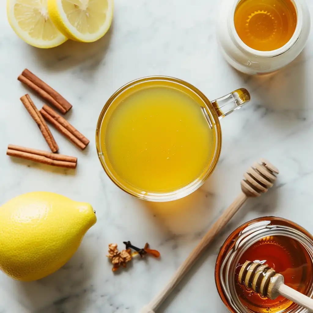 Flat lay of apple cider vinegar honey drink with lemon, cinnamon, and honey