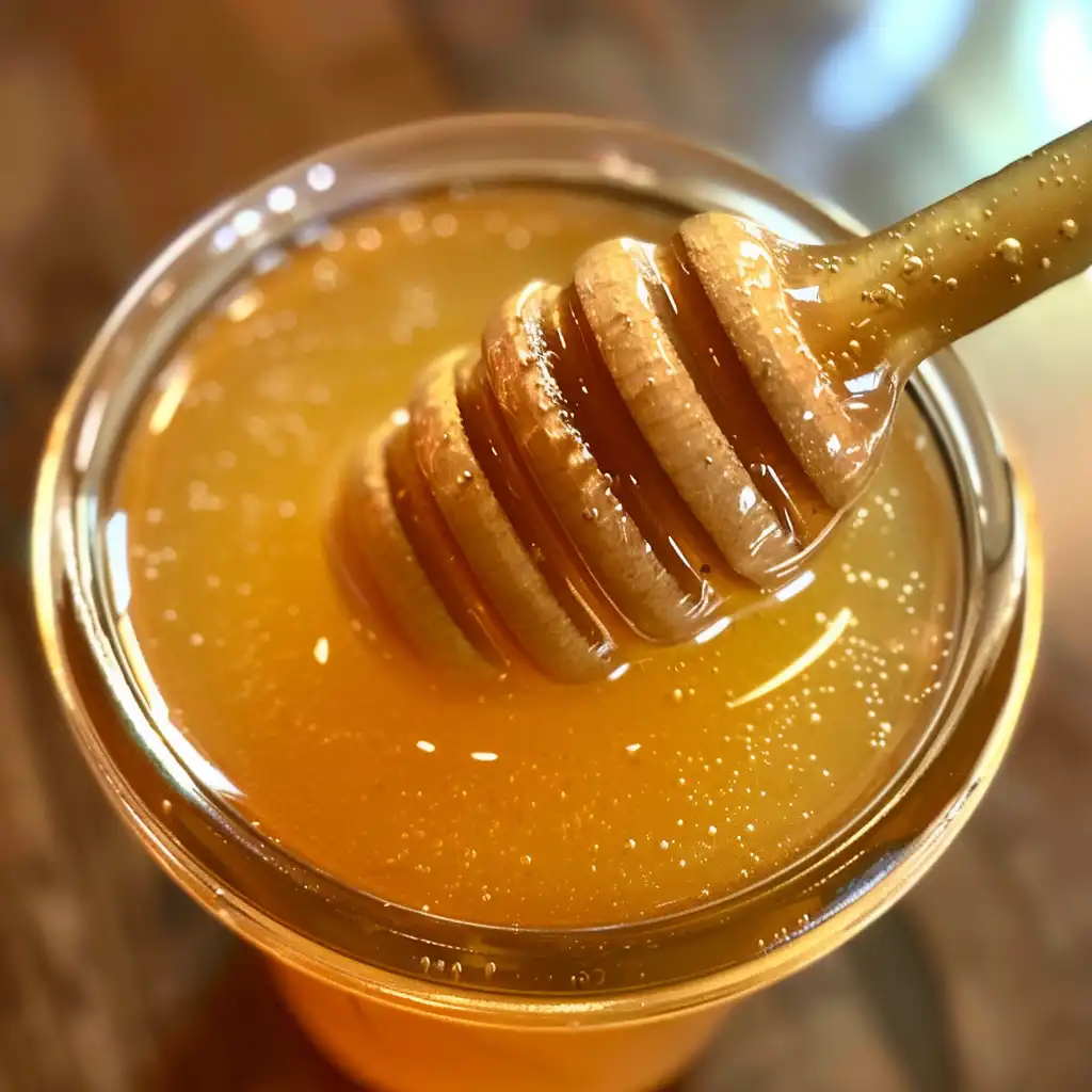 Close-up of honey dipper with golden honey for apple cider vinegar drink