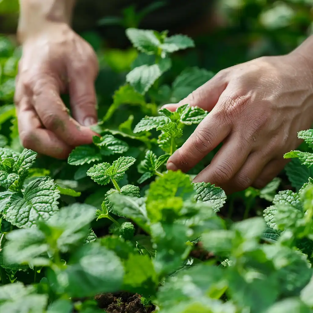 Harvesting fresh lemon balm leaves close-up