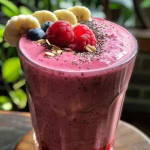 High fiber smoothie in a glass topped with fresh berries, chia seeds, and oats