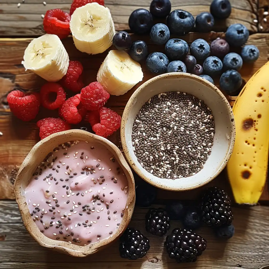 Ingredients for high fiber smoothie including berries, oats, banana, yogurt, and chia