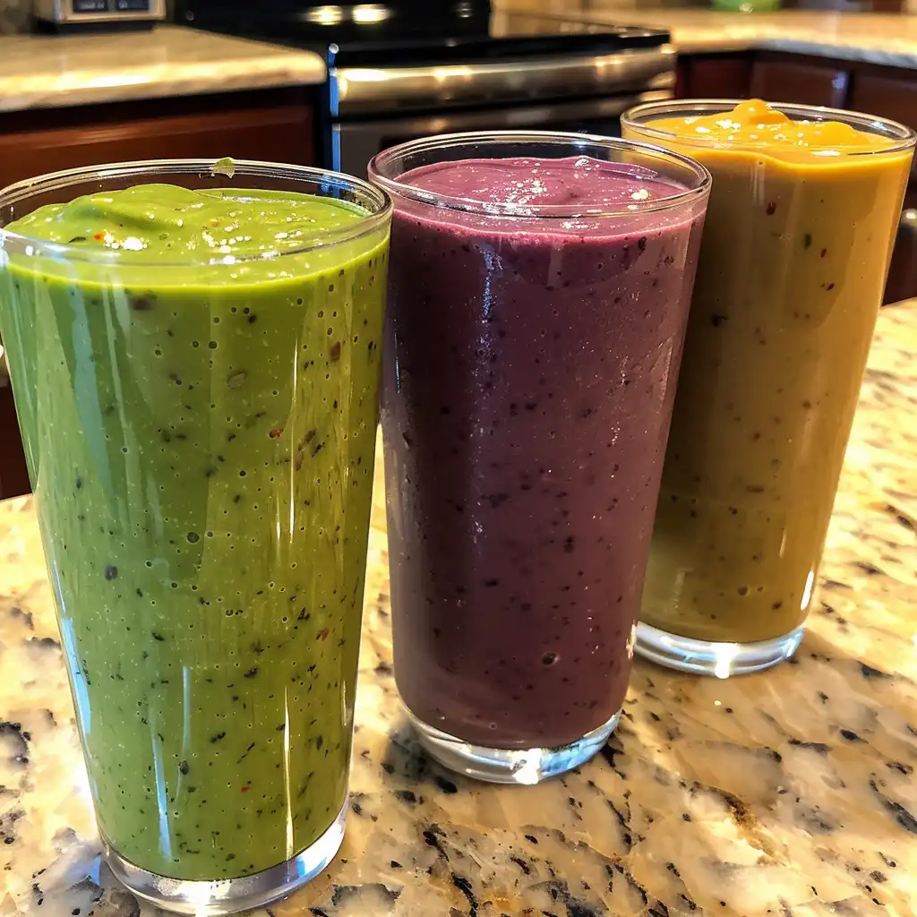 Three high fiber smoothie variations with spinach, berries, and oats