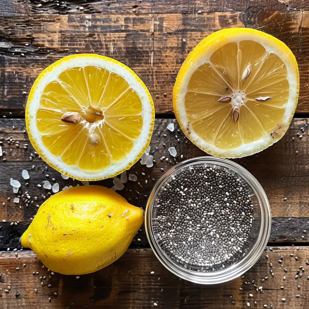  Key ingredients for Brazilian Mounjaro Recipe with lemon, chia seeds, and warm water