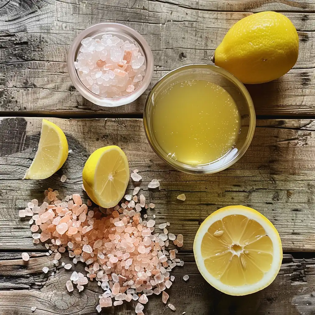 Flat lay of Pink Himalayan Salt Detox Drink ingredients including pink salt, fresh lemons, and water on a rustic wooden table