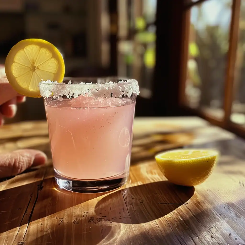 Glass of Pink Himalayan Salt Detox Drink with excess salt on the rim and lemon slice in sunlit kitchen, highlighting safety and moderation