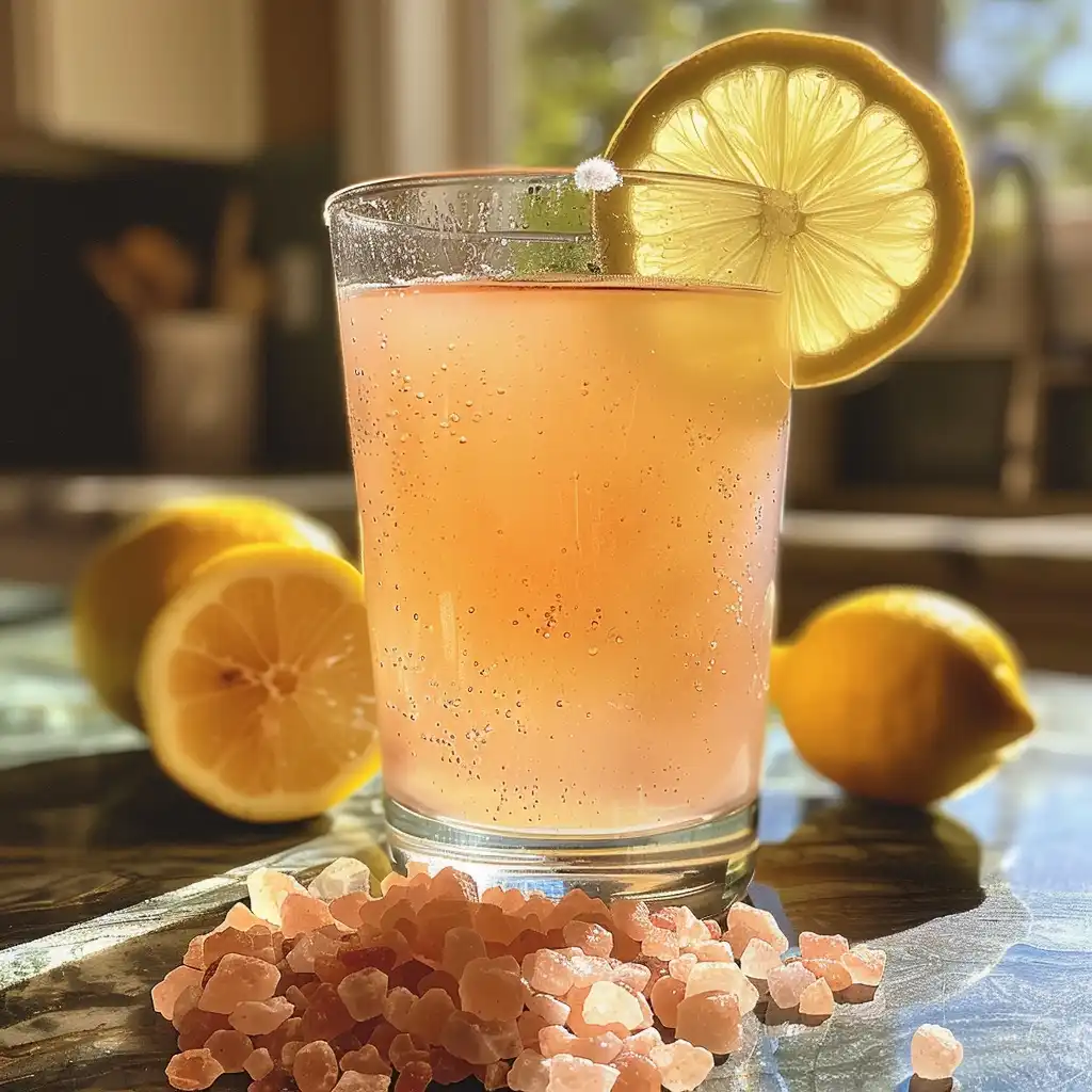 Close-up of Pink Himalayan Salt Detox Drink in a glass with lemon slice and pink salt crystals on a kitchen counter