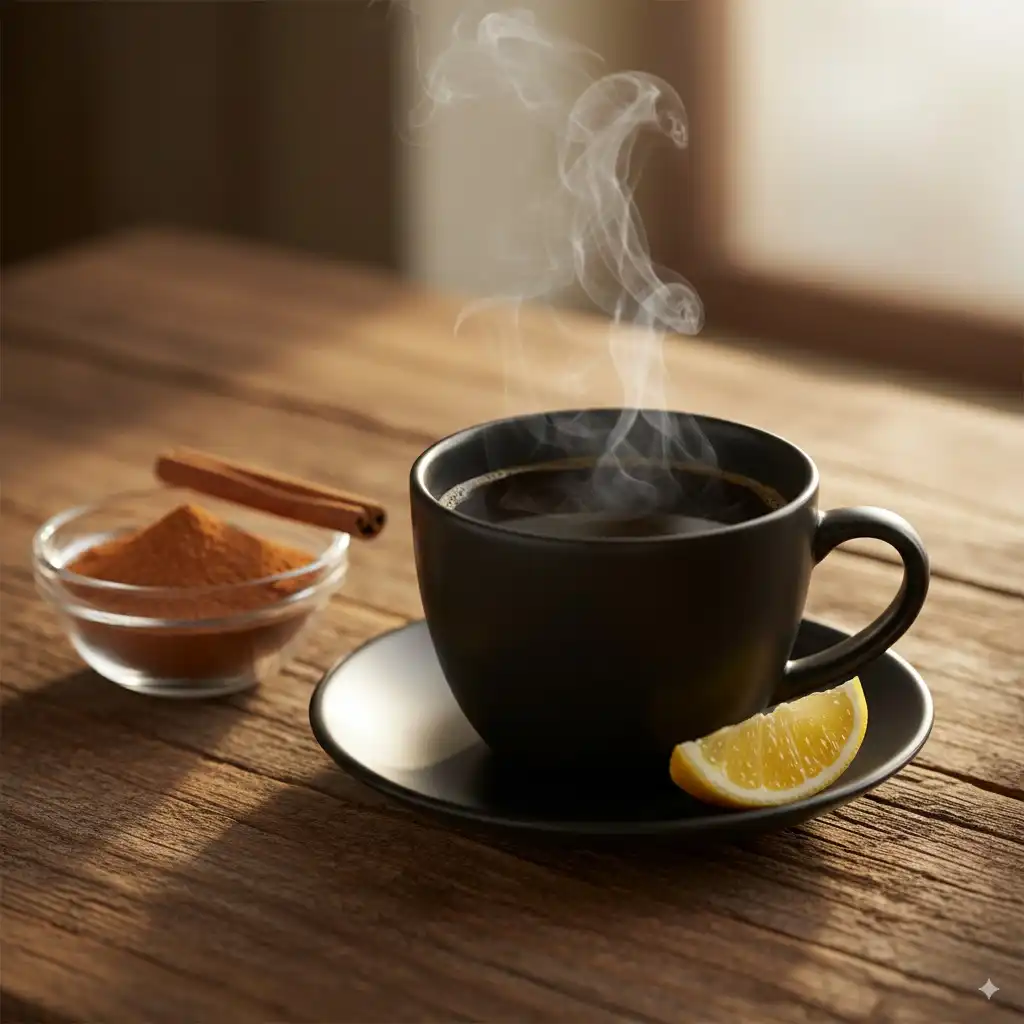 The ultimate coffee loophole recipe in a mug, with cinnamon and lemon, ready for a weight loss morning ritual.