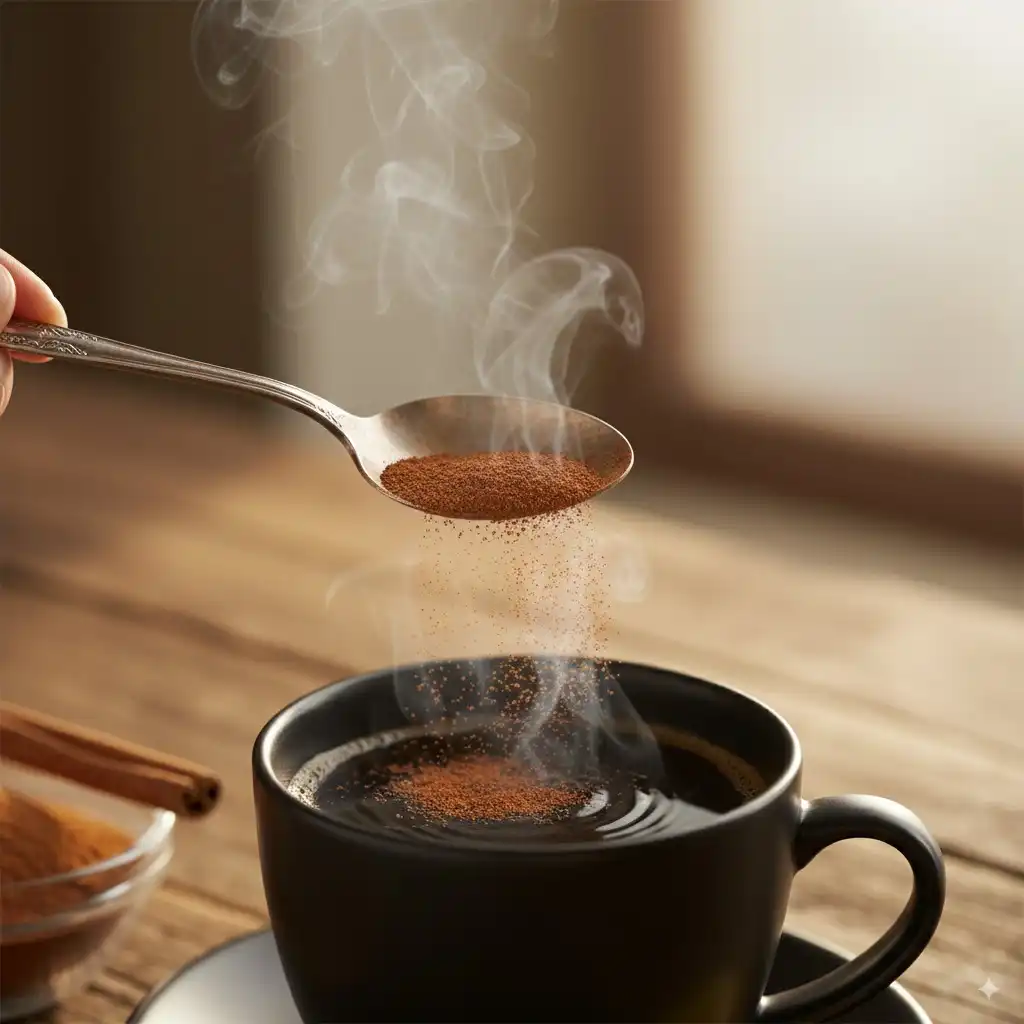 Adding a spoonful of cinnamon to coffee, a key step in making the coffee loophole recipe for boosting metabolism.