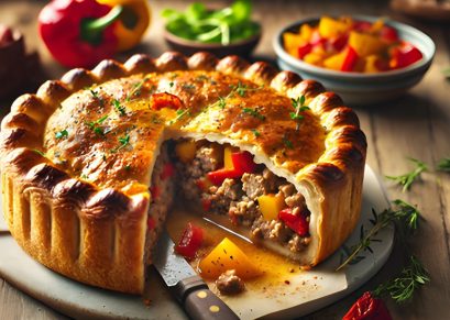 DALL·E 2024-10-02 00.20.51 - A golden, flaky Savory Pork and Pepper Pie, filled with rich, seasoned ground pork and colorful diced red and yellow bell peppers. The pie is sliced o